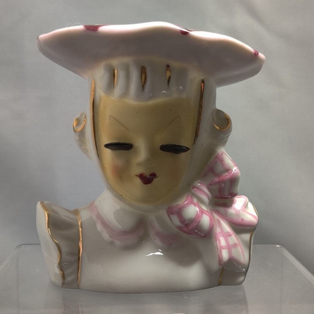 Vintage Ceramic Lady Head Vase Planter Pink Bow 3.6" tall 1950s Wide Brim Hat